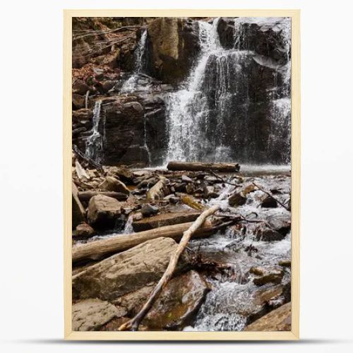 River stream waterfall in forest landscape. Tranquil waterfall scenery in the middle of green forest