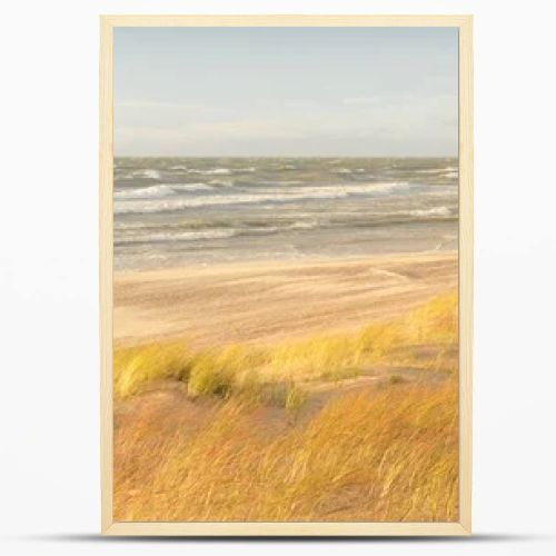 Baltic sea coast (sand dunes) after the storm at sunset. Clear sky, glowing clouds, wind. Autumn landscape. Nature, environmental conservation, ecology, ecotourism, local travel