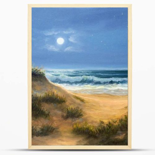 Original  oil painting of ocean beach dunes in the night.Moon and stars on canvas.Modern Impressionism, modernism,marinis