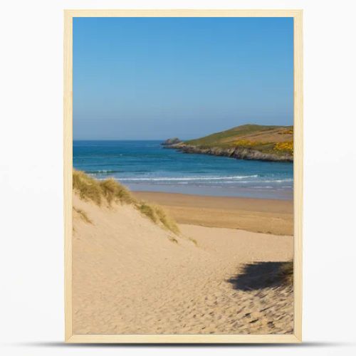 Sand dunes Crantock beach North Cornwall England UK near Newquay and on the South West Coast Path in spring with blue sky and sea