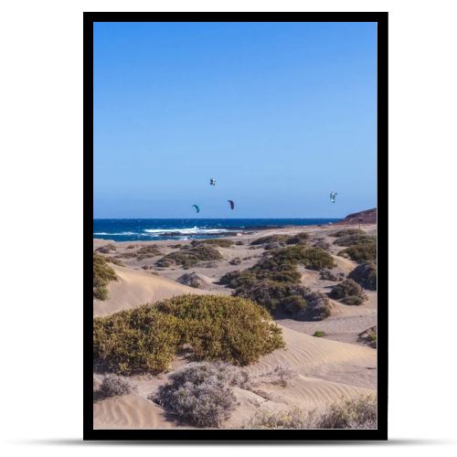 El Medano, Tenerife, Spain  March 1, 2026: Kite surfers riding the waves near sandy dunes of El Medano beach on a windy day. Colorful kites in the blue sky over the Atlantic Ocean, popular destination for water sports and windsurfing in the Canary
