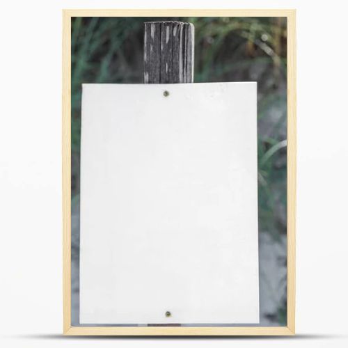A stark white blank sign stands tall on a 4x4 post, anchored in the pristine white beach sand of Port St. Joe, with blurred coastal vegetation softening the background.