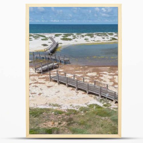 Coastal Wetland Landscape With Wooden Walkway And Sand Dunes in Mari Ermi Cabras