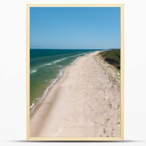 Aerial drone view of long sandy beach and green Baltic Sea coastline with pine forest  summer coastal landscape photography