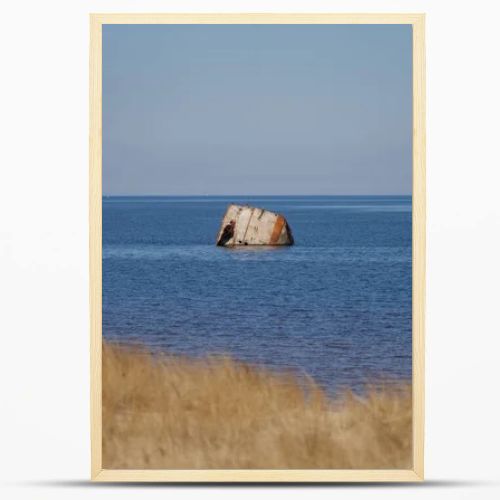 Rusted shipwreck fragment rising from calm sea beyond sandy dune grass, coastal decay, maritime history and Baltic shoreline landscape concept