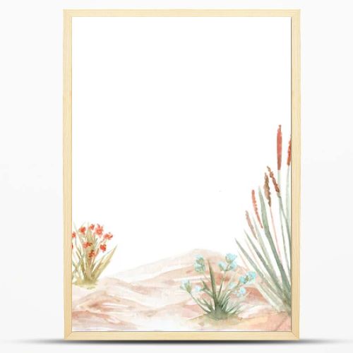 Sandy coastal dunes with wild grasses, flowers watercolor seamless landscape border. Hand painted composition isolated on white for botanical design, boho decor, coastal branding and summer layouts.