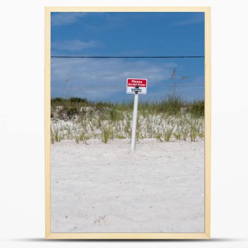 Protected beach dune restoration area marked with a "Do Not Enter" sign and temporary barrier fencing. Coastal vegetation growing on white sand highlights environmental conservation, habitat restoration, erosion control and responsible beach manageme
