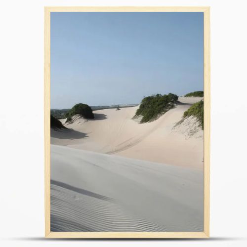 Expansive sand dunes with sparse green vegetation under a bright, clear blue sky, suggesting a coastal or desert landscape.