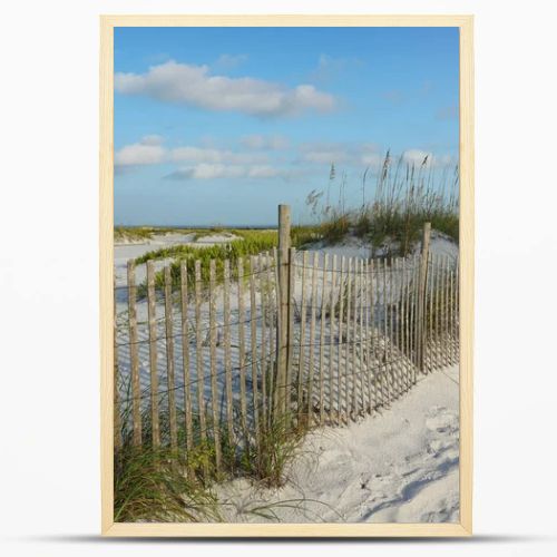 Weathered rustic wooden sand fence protects sand dunes at the beach from erosion, closeup view.