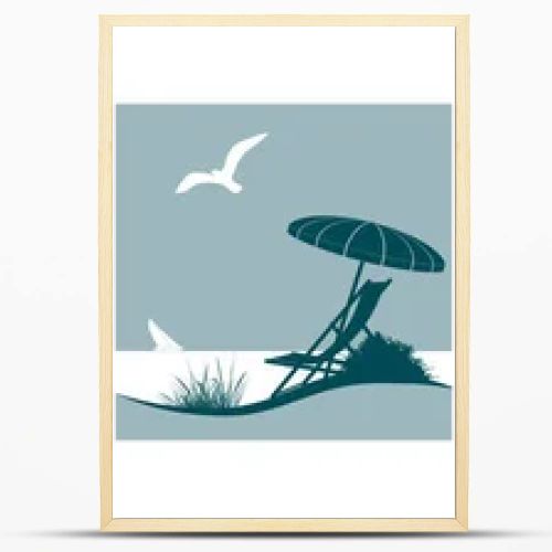 Summer vacation vector symbol with sunshade, deckchair, seagull, sailing boat, beach and the sea