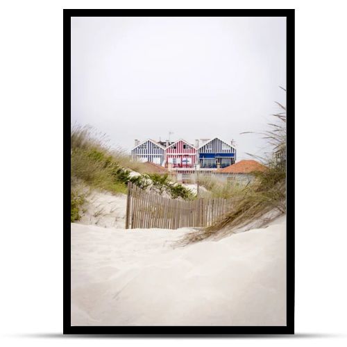 Lovely and quaint beach houses seen from beach dunes. Beach houses with colorful stripes from Costa Nova, Portugal.