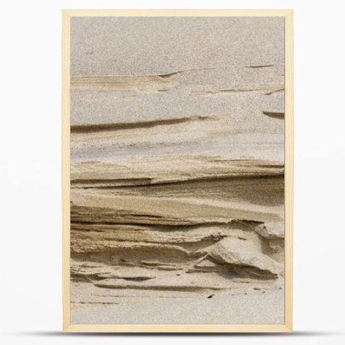 A closeup view of layered sand formations created by wind erosion on beach dunes. This natural abstract background highlights organic textures, geological patterns, and coastal beauty, perfect for design and fine art use.