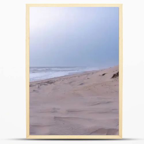 A serene, sandy beach with gentle waves against the shore under a soft, pastel sky. Dunes with sparse vegetation rise gently from the beach, creating a peaceful and untouched natural landscape.