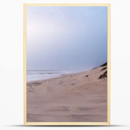 A serene, sandy beach with gentle waves against the shore under a soft, pastel sky. Dunes with sparse vegetation rise gently from the beach, creating a peaceful and untouched natural landscape.