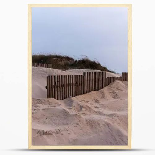 A coastal dune landscape in Nazare, Portugal, with sand dunes stabilized by wooden fences and sparse vegetation. The overcast sky and waves of the Ocean create a serene and natural seaside atmosphere