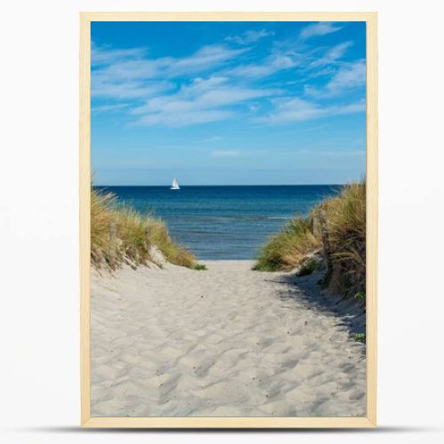 Path between the sand dunes overlooking the sea and a sailing ship and blue sky