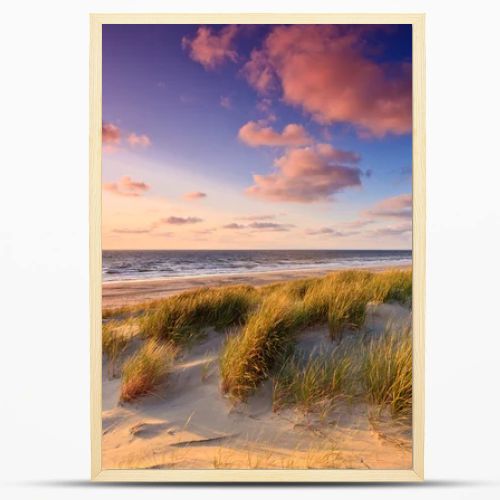 Seaside with sand dunes at sunset