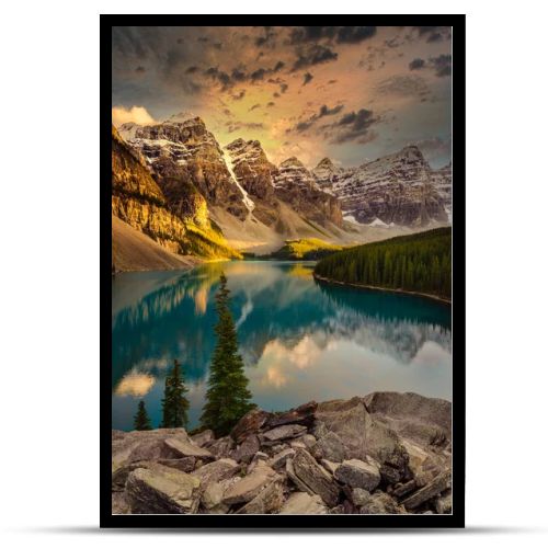 Landscape view of Moraine lake in Canadian Rocky Mountains