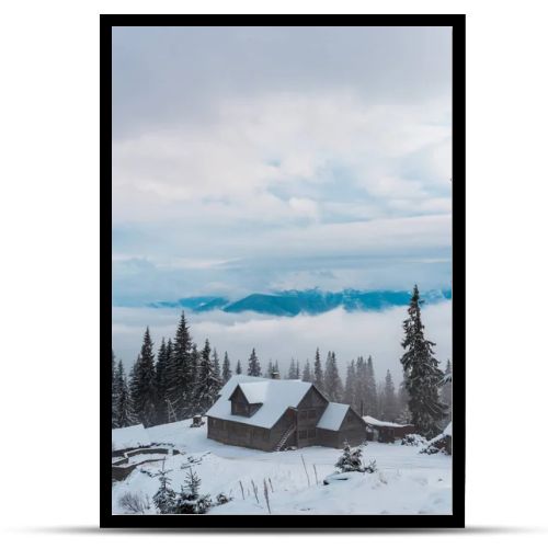 scenic view of snowy mountain village with pine trees and wooden houses