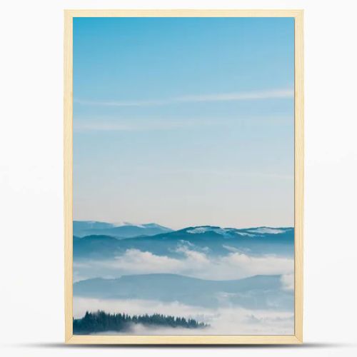 scenic view of snowy mountains with pine trees in white fluffy clouds