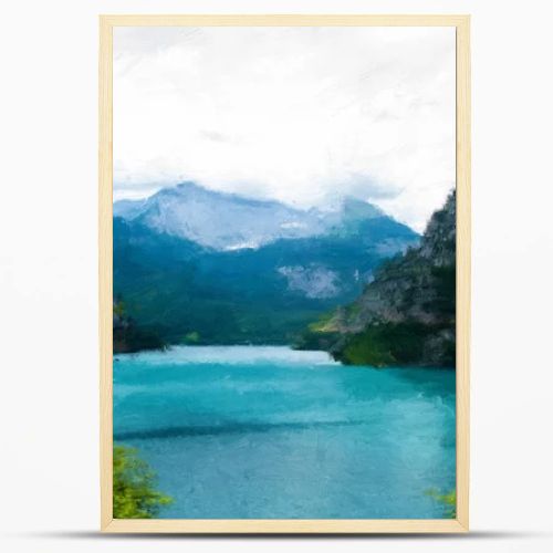 painted blue lake near green trees and mountains 