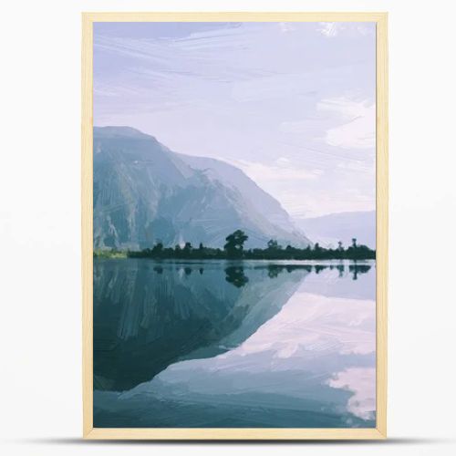 painted blue sky with clouds and mountains and lake 