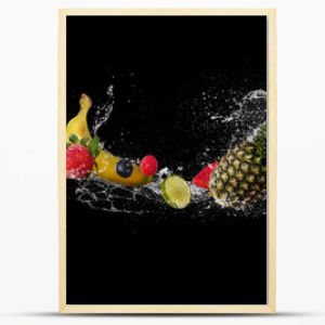 Pieces of fruit in water splash, isolated on black background