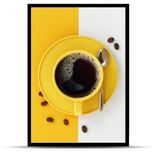 Widok z góry filiżanki kawy na żółtym i białym tle
