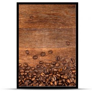 tło kawy z fasolą na rustykalnym starym drewnie dębowym