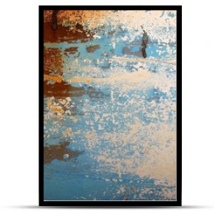Abstrakcyjne tło gnijącego starego drewnianego niebieskiego panelu łodzi z plamami bieli i brązu prześwitującymi przez blaknącą farbę