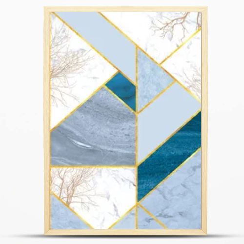 Tile background in blue and gray marble tiles with golden lines and trees