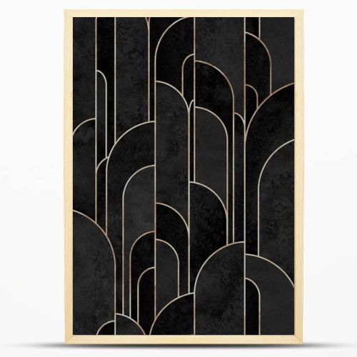 Art deco style abstract geometric forms seamless pattern background. Watercolor hand drawn black elements and golden lines texture. Watercolour print for textile, wallpaper, wrapping paper