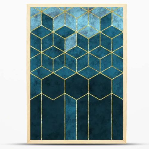 Modern abstract wall decor wallpaper. 3d illustration, golden lines, and dark navy blue and black cubes shapes. living room and bedroom decoration