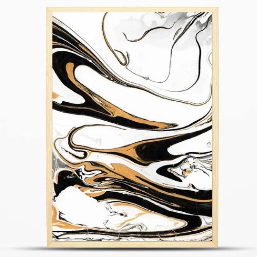 Marbled abstract design in black-white-golden colors rectangular composition