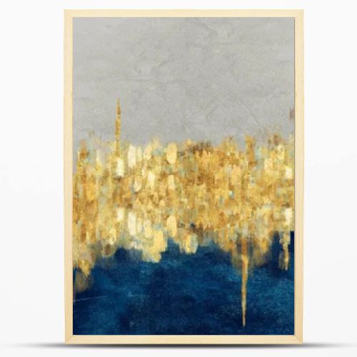 3d minimalist drawing art, wallpaper for wall decor. Resin geode functional, like watercolor geode painting, golden shape. light gray, and blue background