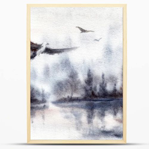 Lake or river landscape with water scene, forest reflections, sky and eagles. Hand drawn watercolors on paper textures. Raster bitmap image