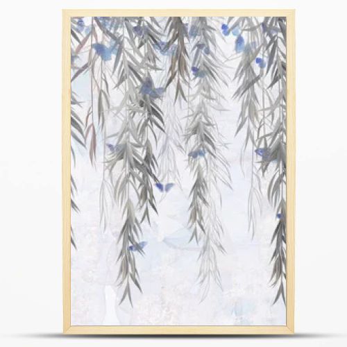 Photo wallpaper, wallpaper, mural design in the loft, classic, modern style. Willow branches with butterflies on a concrete grunge wall. Design for wallpaper, photo wallpaper, mural, card, postcard.