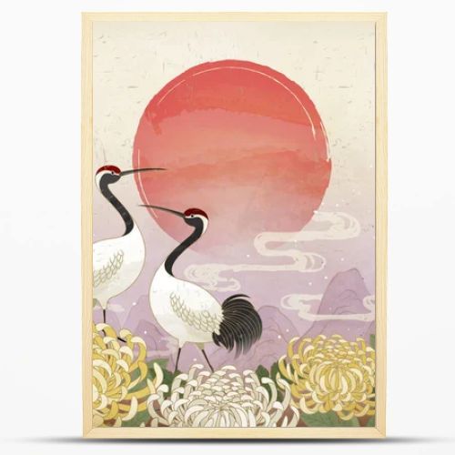 Double ninth festival with red crowned crane and chrysanthemum background