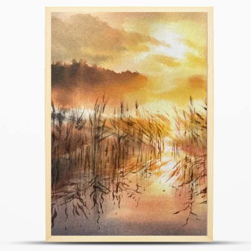 Evening by the lake in evening sunlight watercolor background. Warm colors