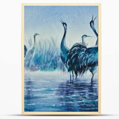 Cranes in the misty morning wading in the lake water. Reeds in the background. Picture created with watercolors.