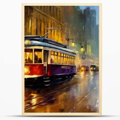 Tram in old city, oil paintings landscape