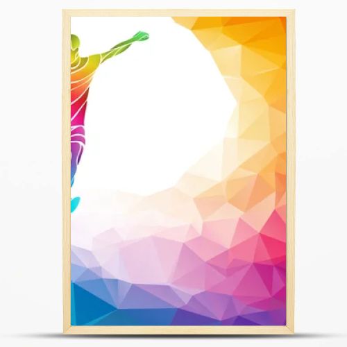 Creative silhouette of soccer player. Football player kicks the ball in trendy abstract colorful polygon rainbow back