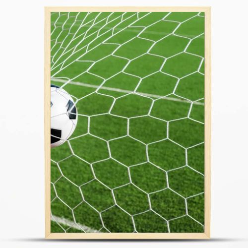 Soccer football in Goal net with green grass field.