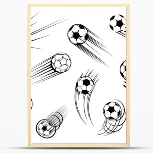 Soccer and football ball flying with goal kick trace, vector icons. Soccer sport club and football college team tournament and sport game match cup balls symbols