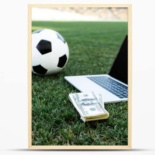 selective focus of soccer ball, money and laptop with blank screen on grassy football pitch at stadium, online betting concept