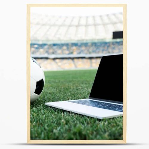 soccer ball and laptop with blank screen on grassy football pitch at stadium