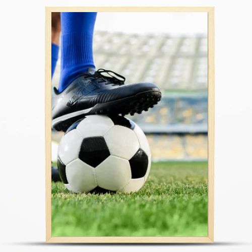 legs of professional soccer player in blue socks and soccer shoes on ball at stadium