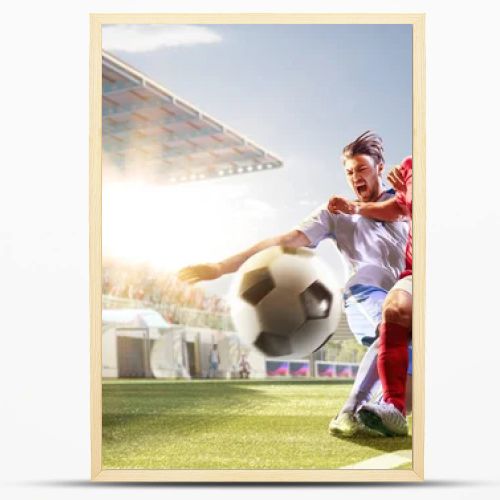 Soccer players in action on the day grand stadium background panorama