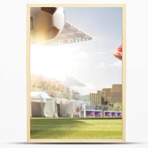 Soccer players in action on the day grand stadium background panorama