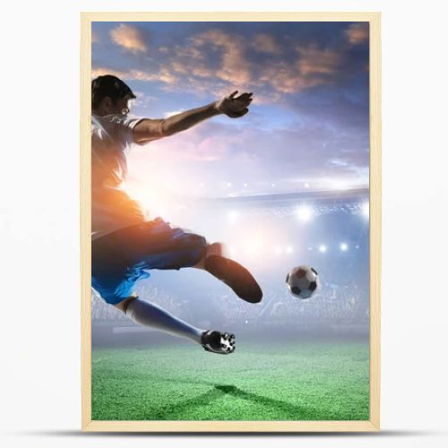 Soccer player on stadium in action. Mixed media